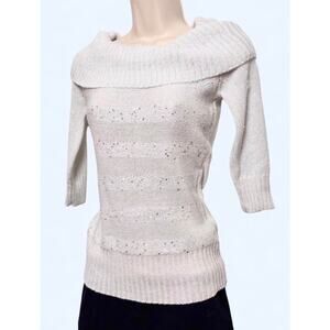 Vintage Y2K Iz Byer White Sequined Fitted Sweater Top Foldover Collar